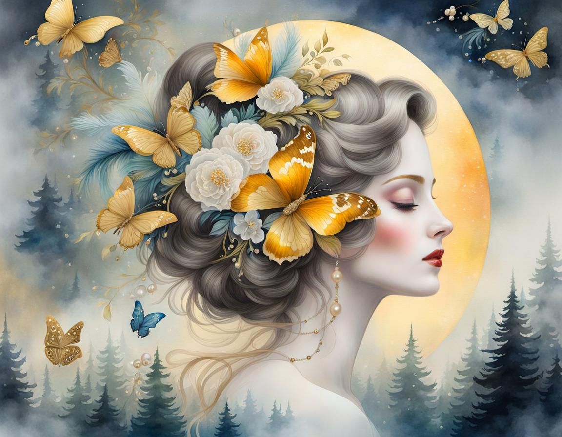 Dreamy Rococo Beauty in Misty Forest Watercolor