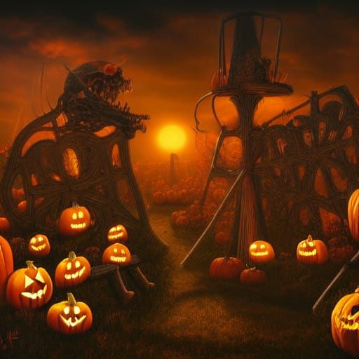 Skeletons in Pumpkin Corn Maze: Detailed Matte Painting