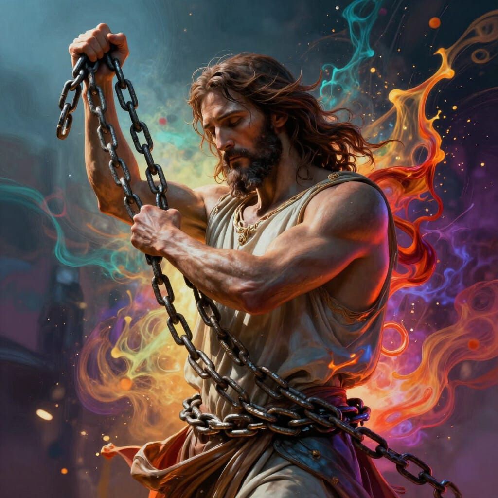 Jesus Breaking Chains in Hyperrealistic Splash Art Style