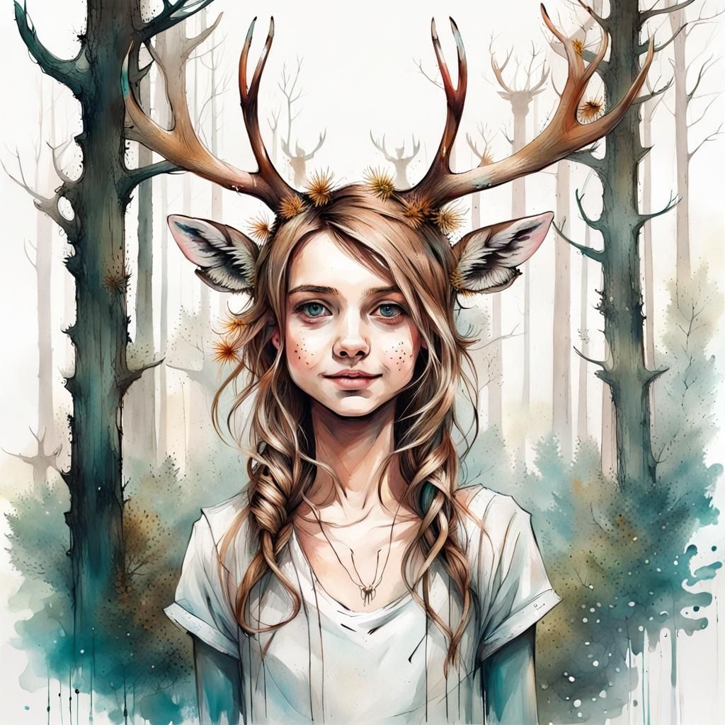 Happy Deer Girl Forest Creature in Watercolor Style