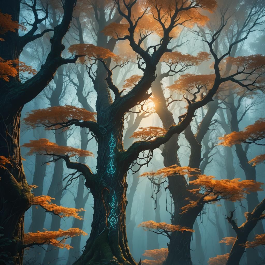 Towering Trees with Glowing Runes: Fantasy Art