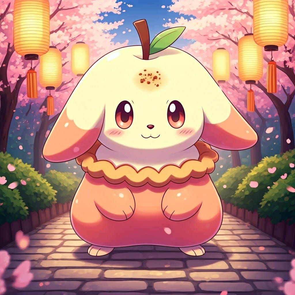 Vibrant Apple Pie Pokémon in Whimsical Japanese Garden