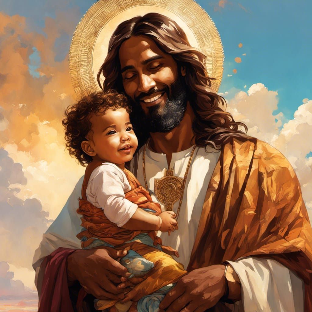 Happy Jesus Portrait with Toddler, Detailed Illustration