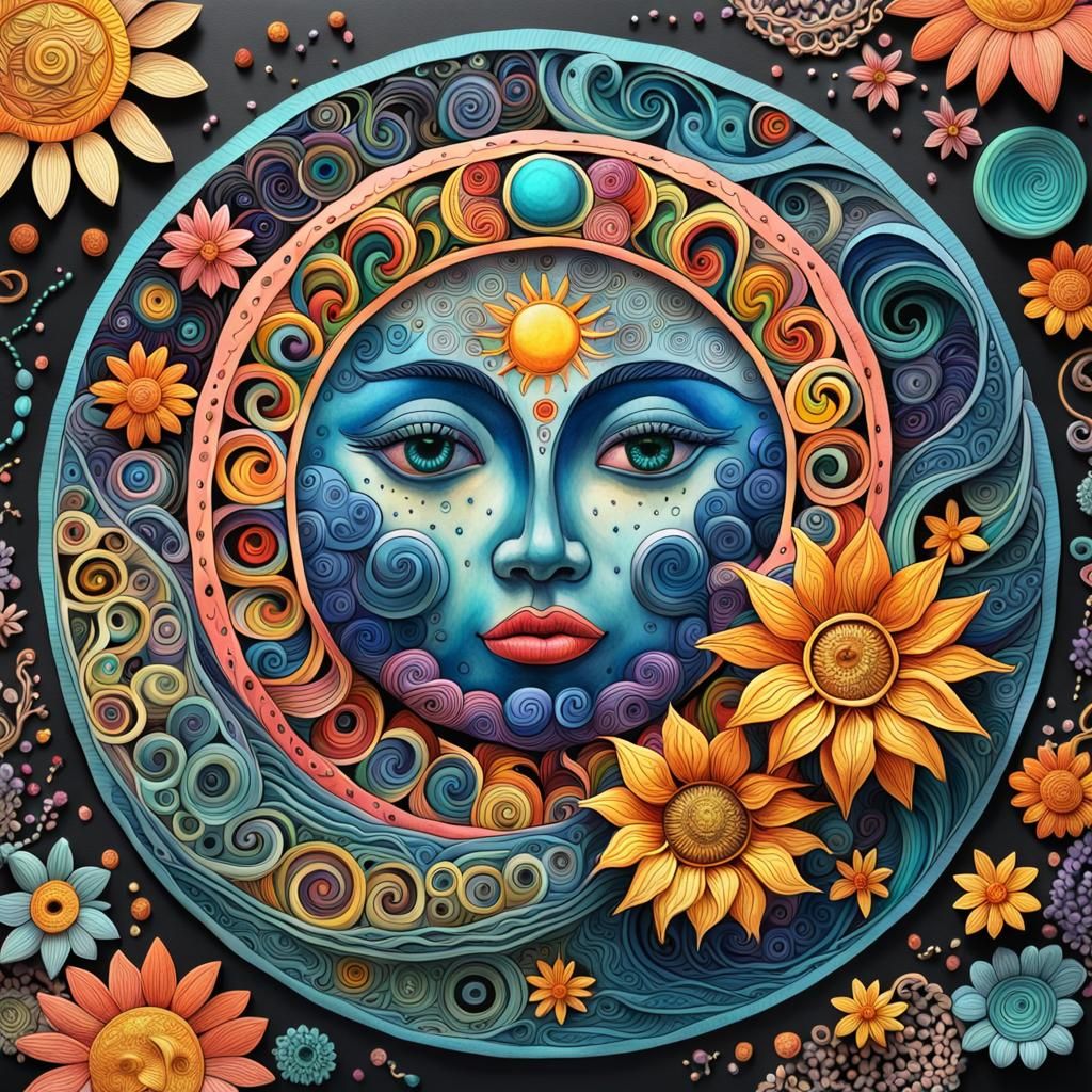 Colorful 3D Zentangle Moon and Sun, Maya Design