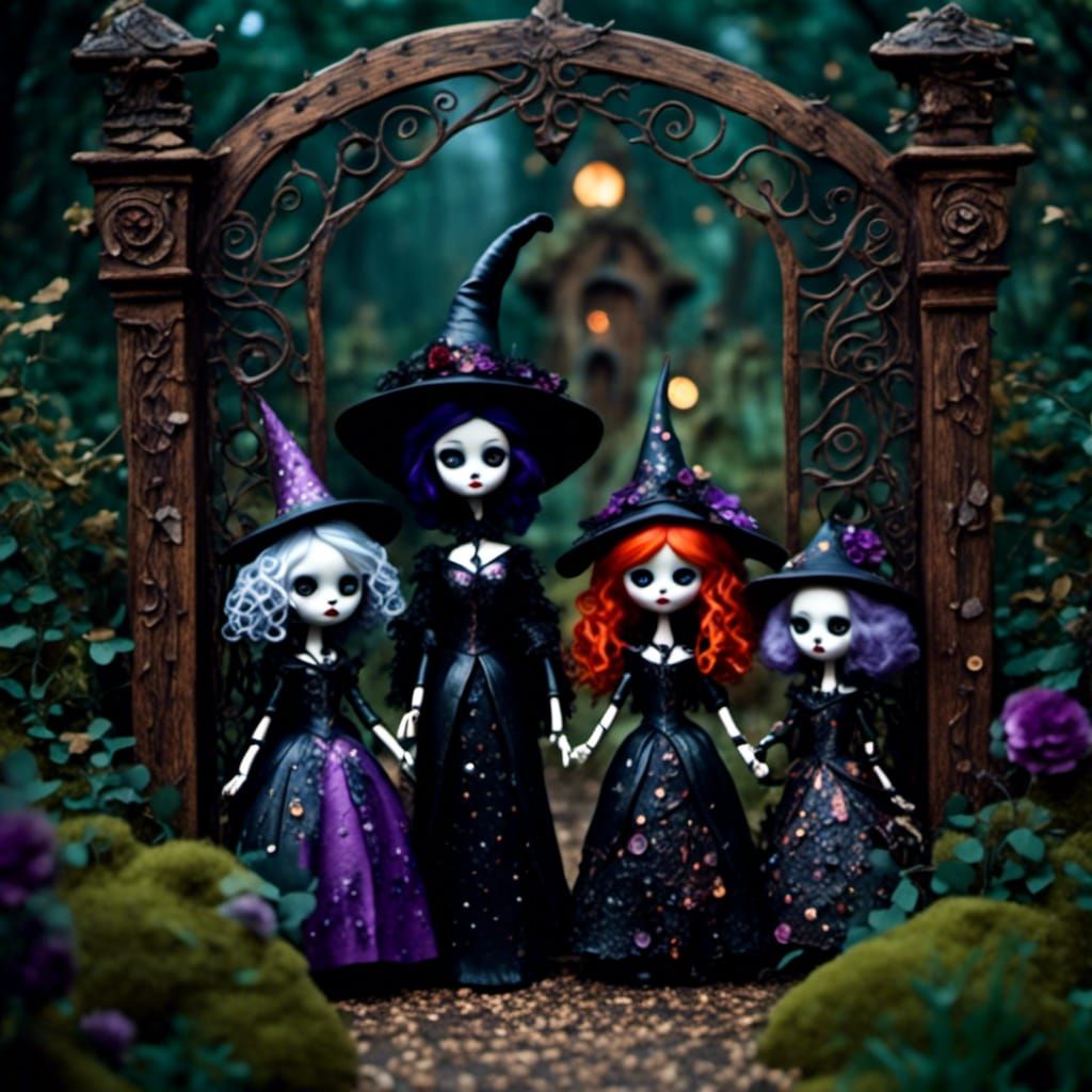 Dark Fantasy Witch Dolls Amidst Bokeh Enchanted Garden