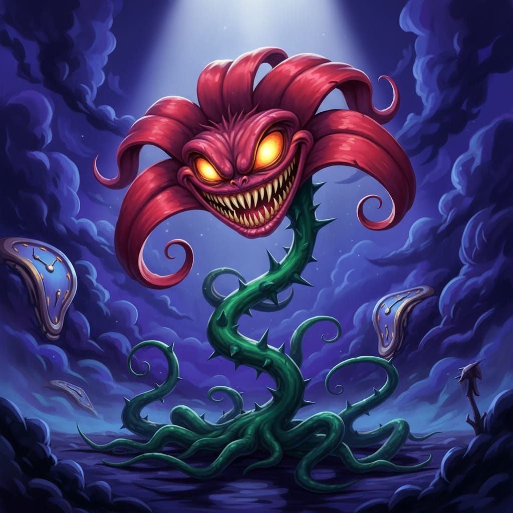 Menacing Cartoon Flower with Sharp Teeth in Surreal Style