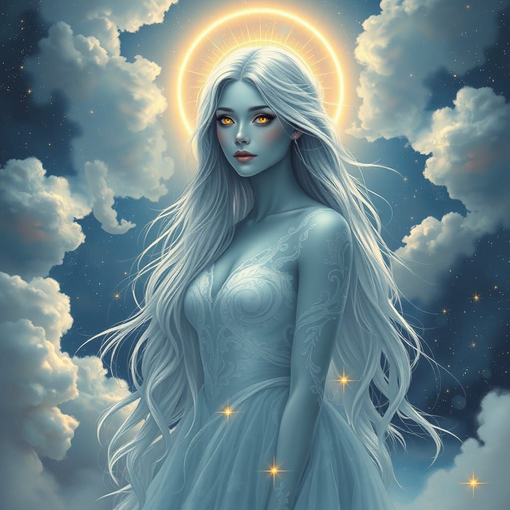 Serenely Radiant Celestial Goddess in Starry Night Sky