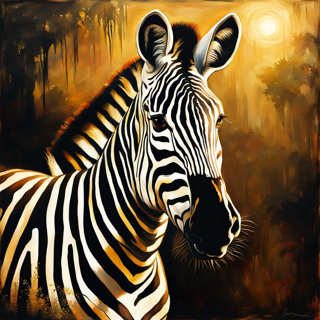 Zebra in Golden Light: An Oil Painting Portrait