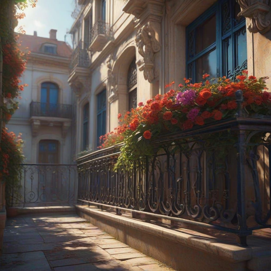 Spectacular Flowered Balcony Overlooking City in Print Effec...