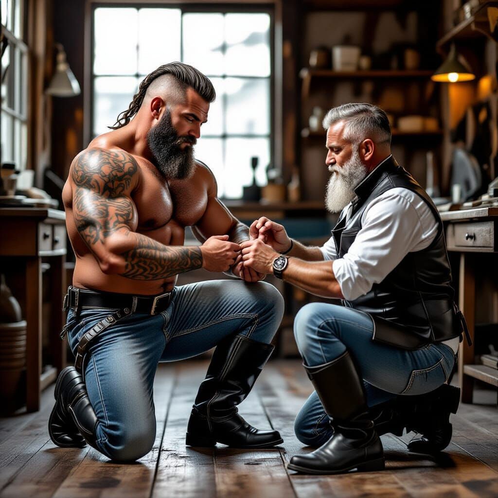 Muscular Bodybuilder Measurements in Rustic Tailor Shop