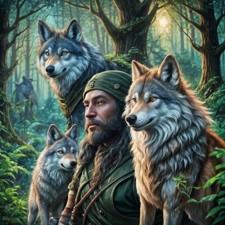 Gnome Protector of the Forest with Wolf and Deer