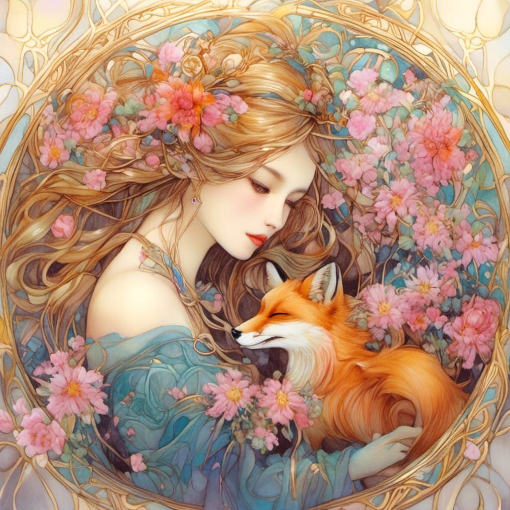 Beautiful Woman with Fox and Flowers in Illustrative Style