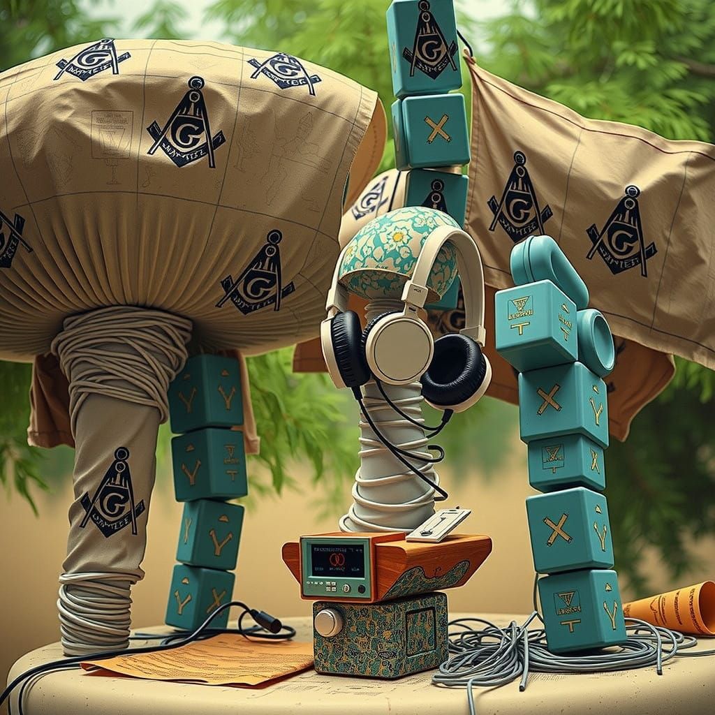 Surreal Linocut Mushroom Sculpture in Retro-Futuristic Scene