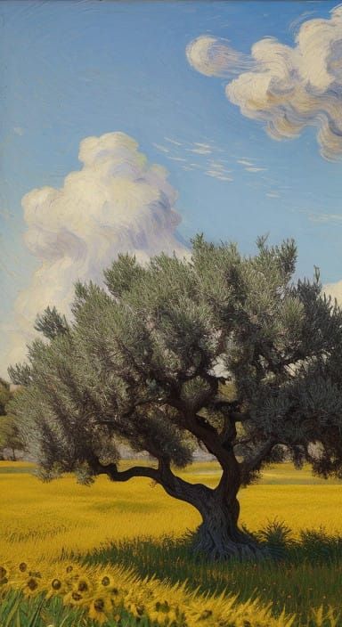 Ancient Olive Tree in Golden Light, Set Amidst Vibrant Sunfl...