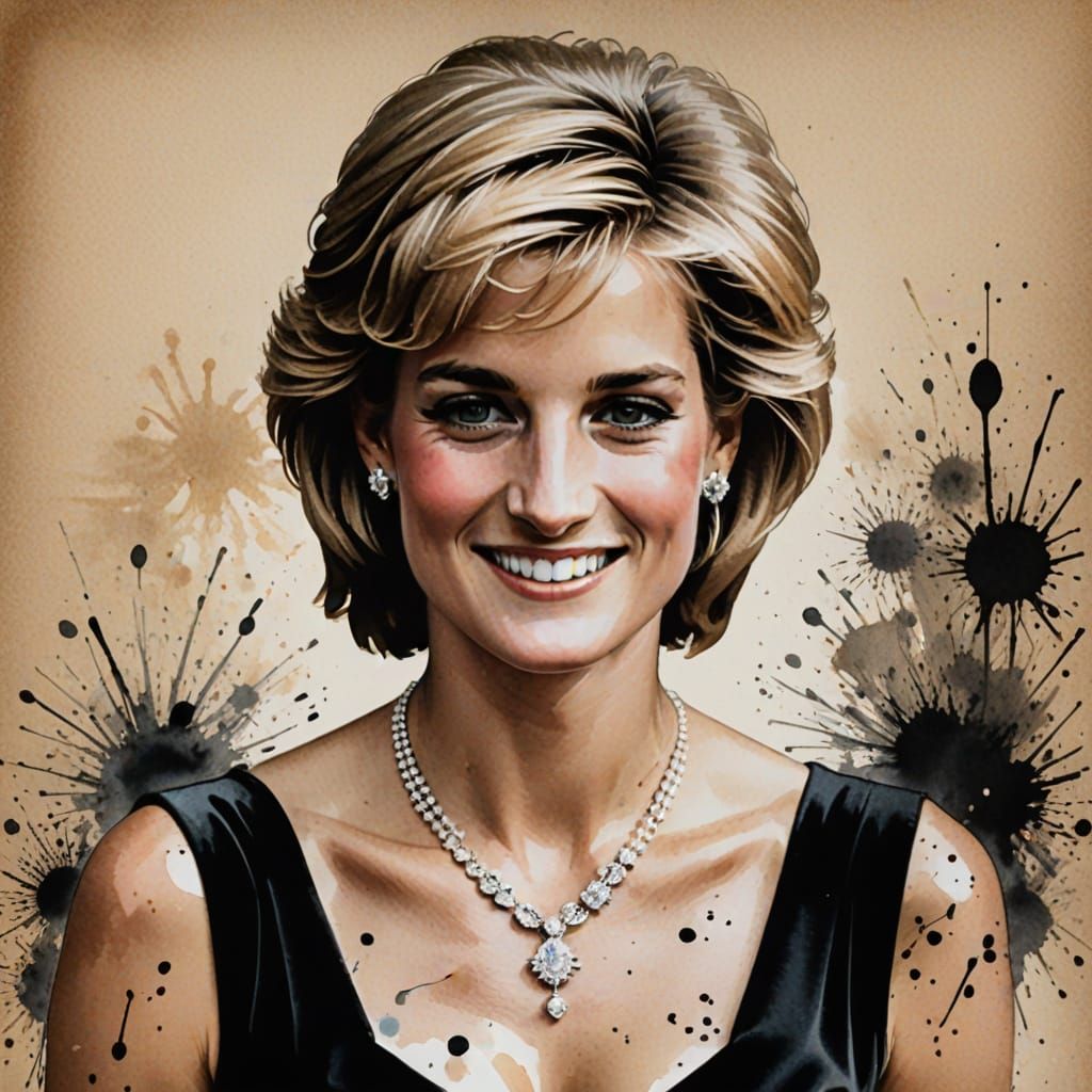 Elegant Portrait of Princess Diana in Ink Illustration Style