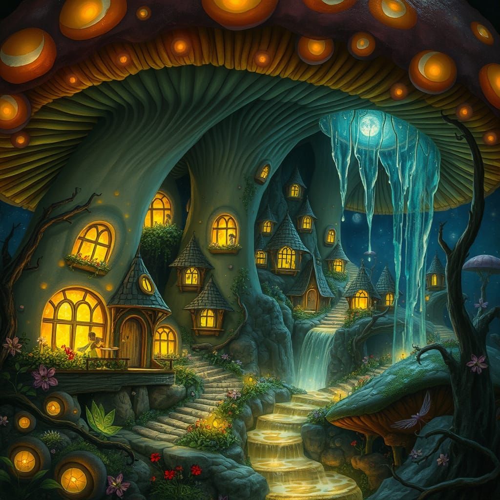Bioluminescent Mushroom Fairy Village: Fantasy Art Nouveau