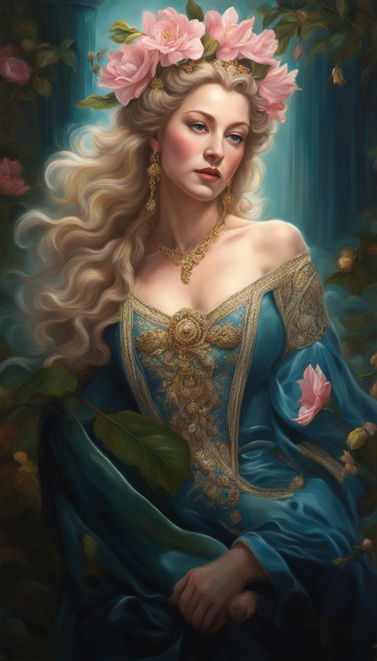 Floral Goddess Portrait in Rococo Style