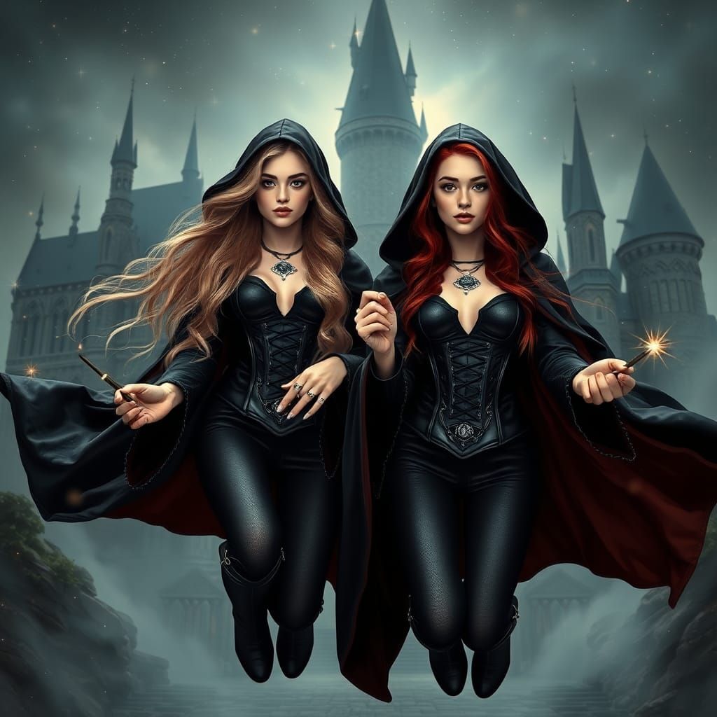 Twin Witches Casting Spells at Wizard School