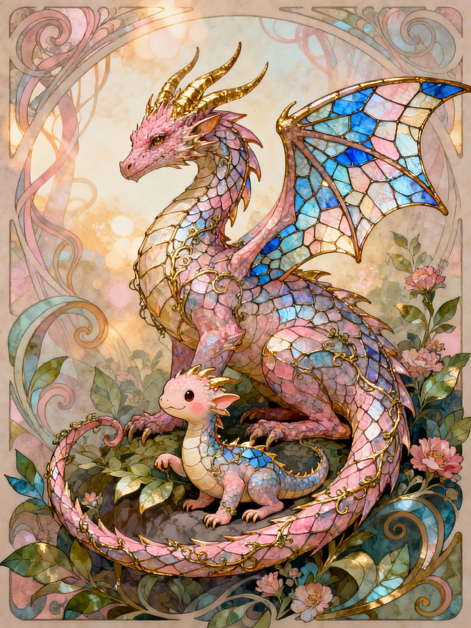 Art Nouveau Dragon with Baby Dragon