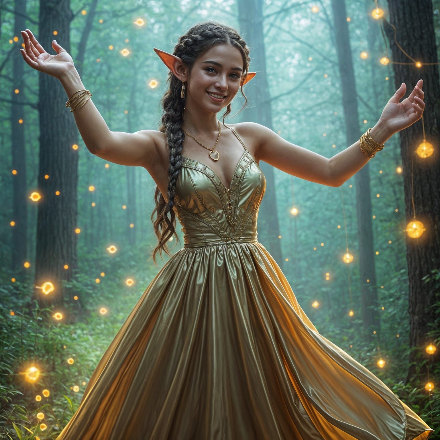 Beautiful Elf Woman in Forest with Fireflies