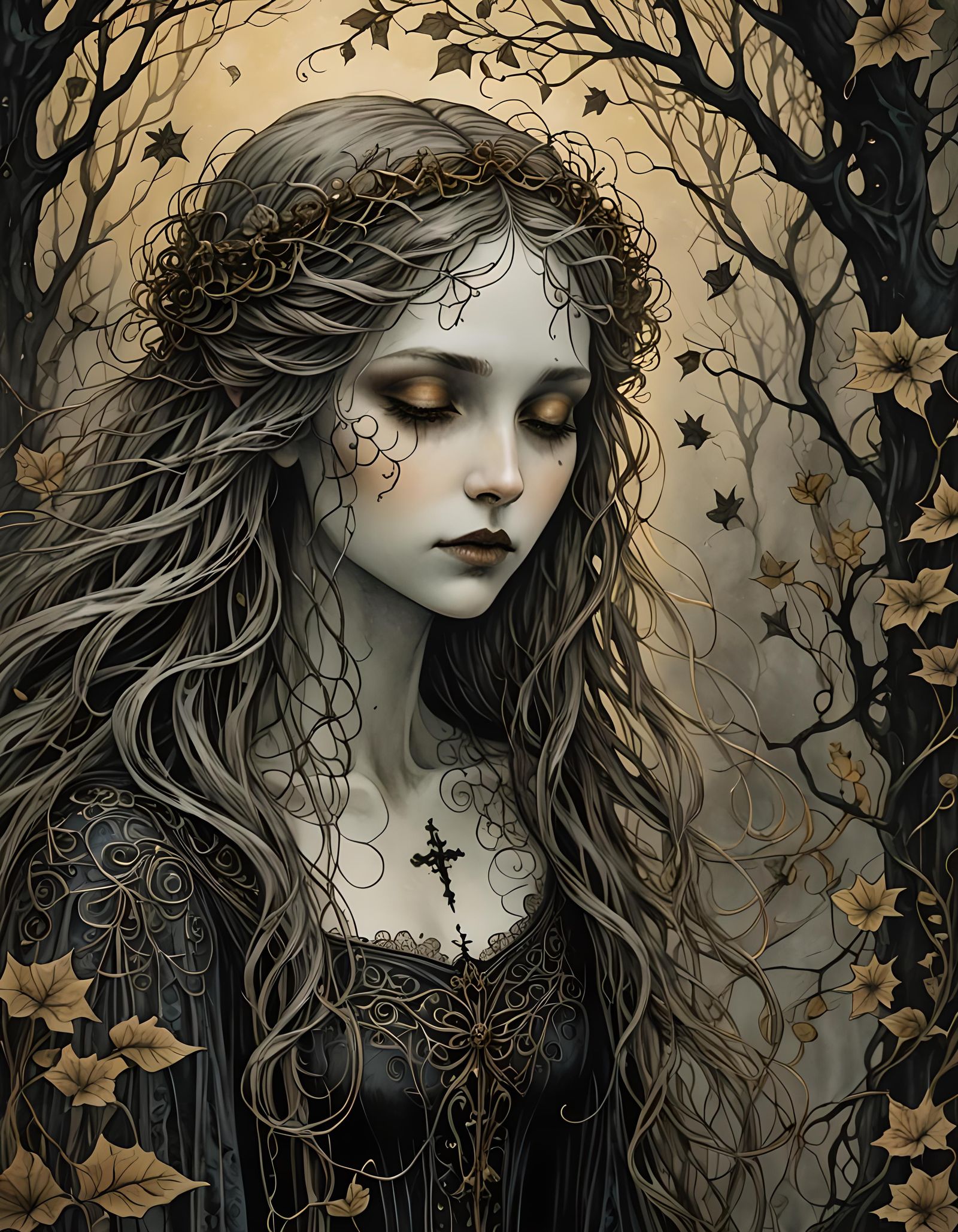 Ethereal Ophelia Portrait in Gorey Style