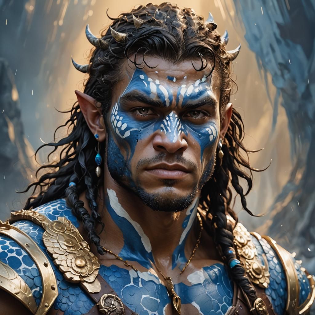 Triton Barbarian Portrait with Vitiligo in Hyperdetailed Sty...