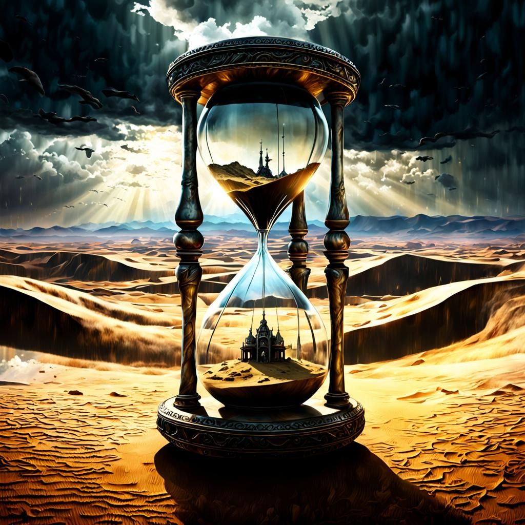 Hourglass Over Aral Desert: Surreal Photorealistic Art