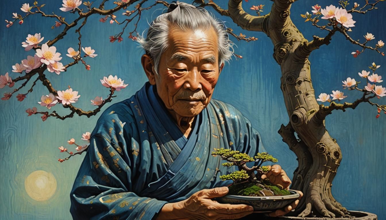Tree Bark Man Holding Bonsai: Digital Oil Painting