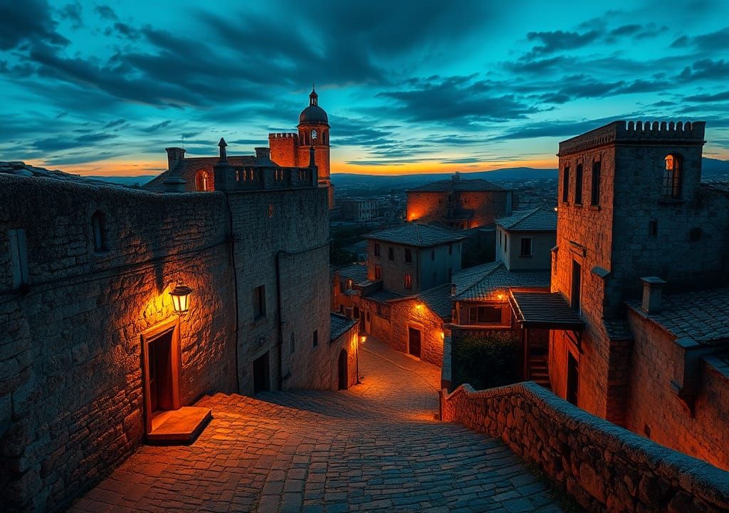 Ancient City at Dusk in Impasto Style