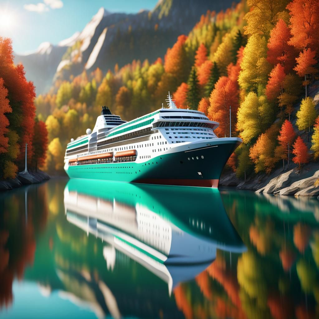 Cruise Liner Among Autumn Trees in Norway Fiords