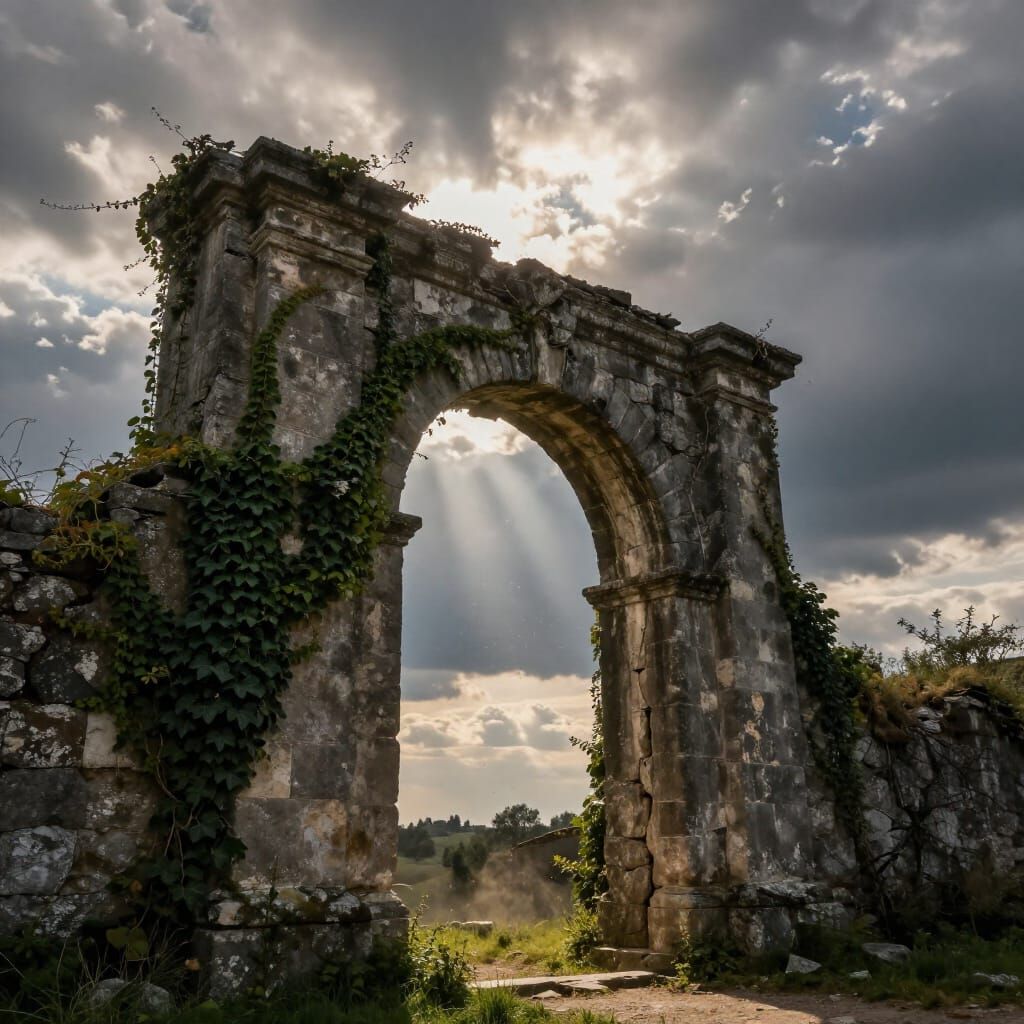 Ancient Stone Archway in Dramatic Romantic Landscape