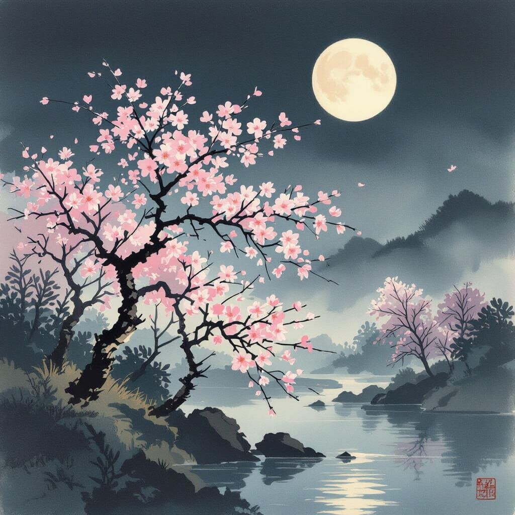 Moonlit Sakura Trees in Sumi-e Landscape