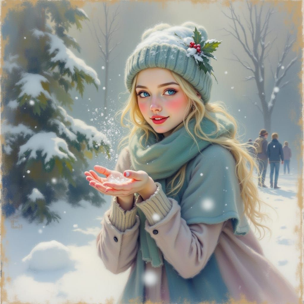 Blonde Woman Admiring Snow Garden in Digital Painting Style