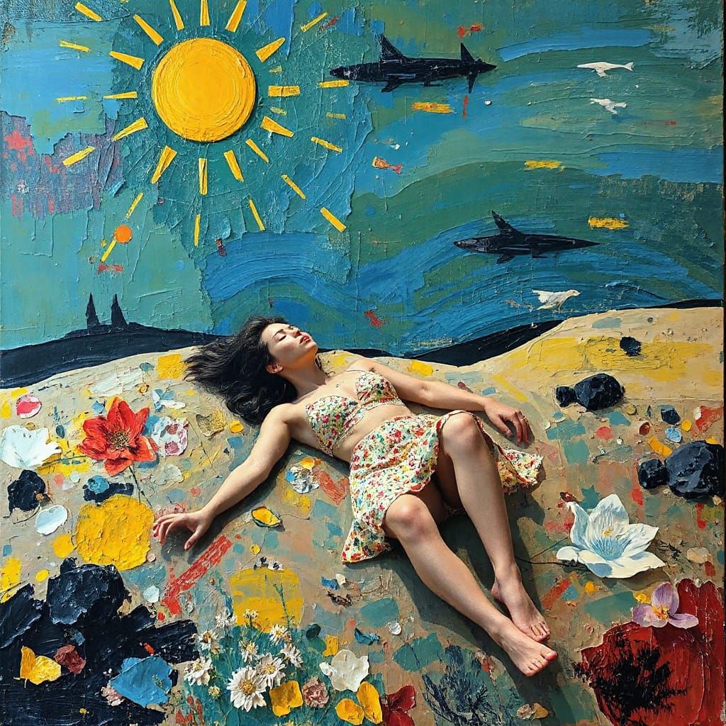 Sunbathing Woman in Expressive Impasto Landscape