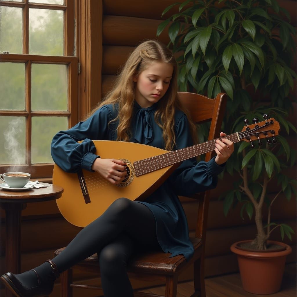 Teenage Girl Plays Lute in Cozy Cabin