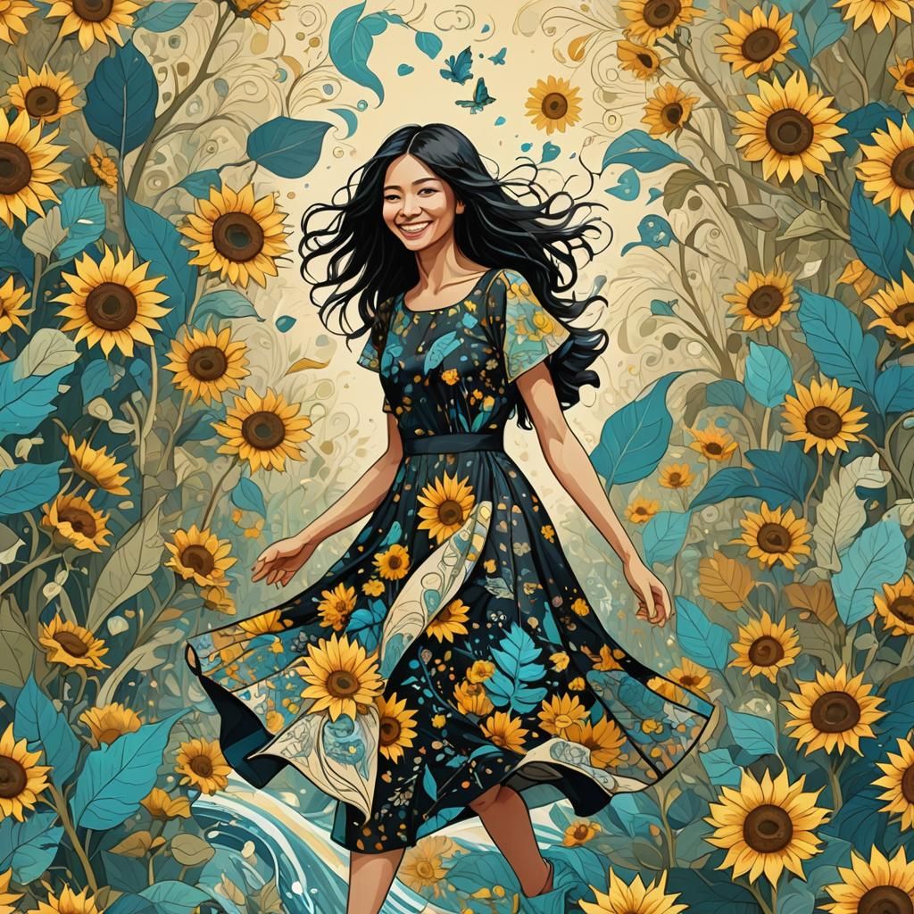 Girl in Sunflower Dress Running Through Forest