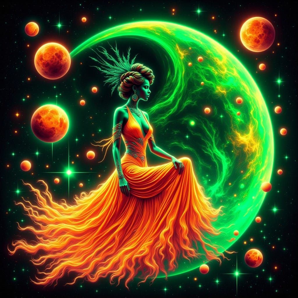 Woman on Moon in Hyperreal Neon Style