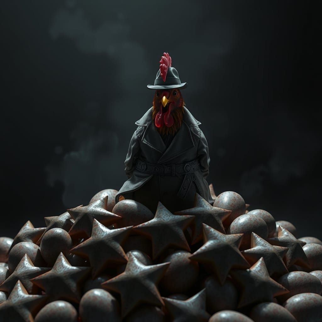 Film Noir Chicken on a pile of star shaped eggs. By artist a...