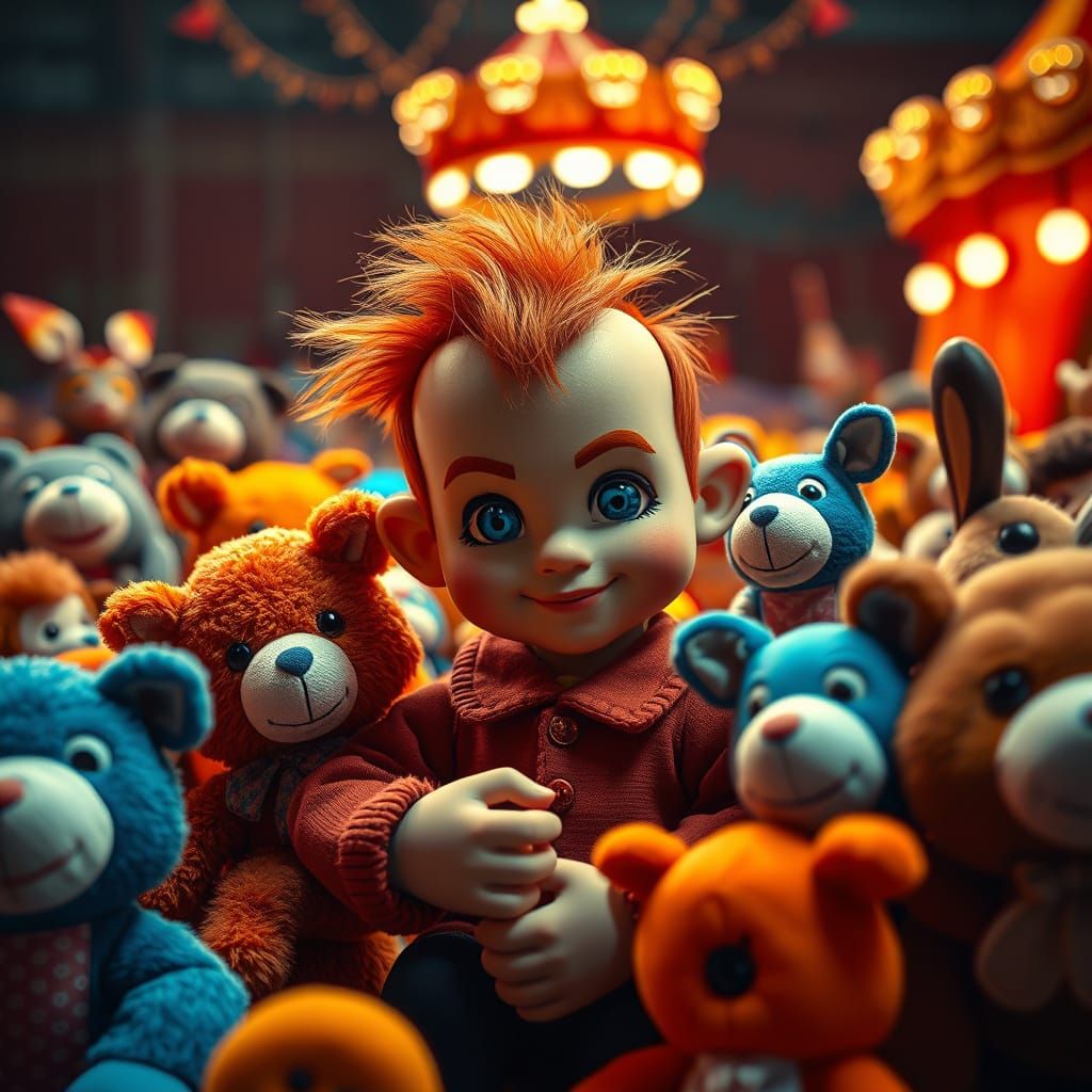 Toyman with Stuffed Animals at Circus, Hyperrealistic