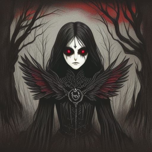 Scary Dark Fairies with Red Eyes in Misty Forest