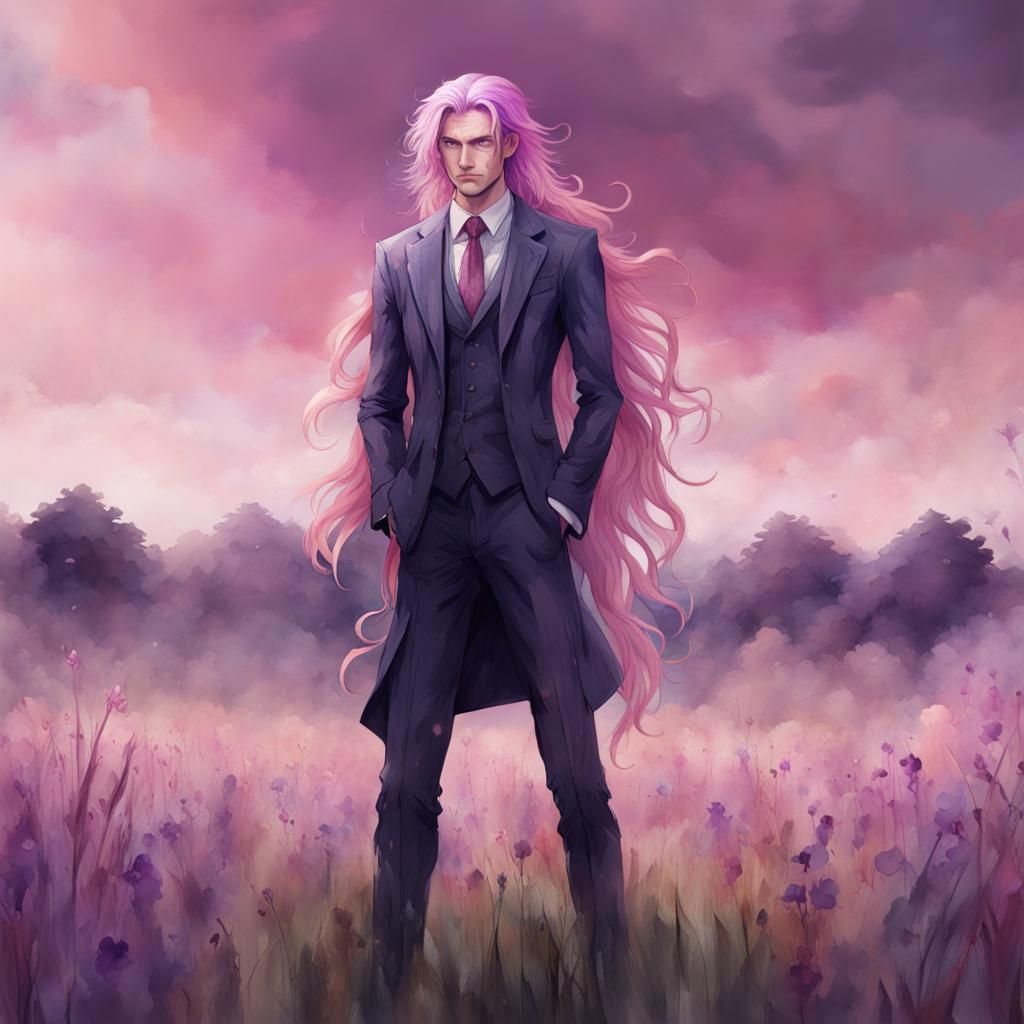 Pink Haired Man in Field, Watercolor Style