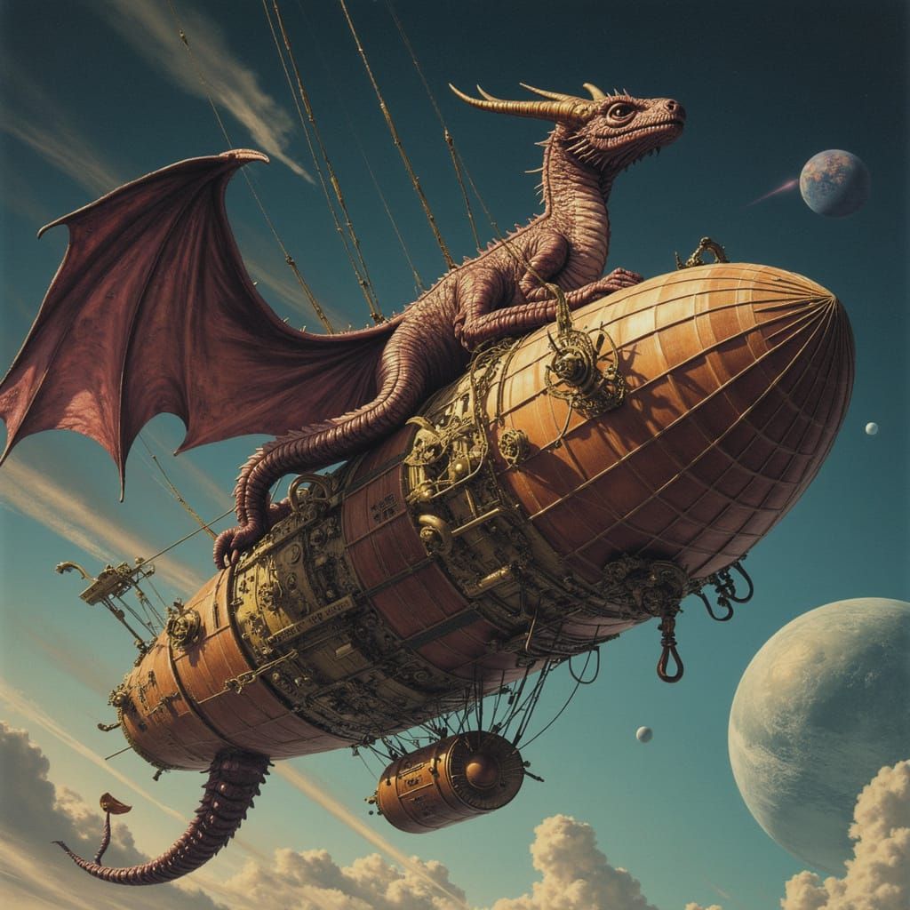 Steampunk Dragon on Clockwork Airship in Nebula Sky