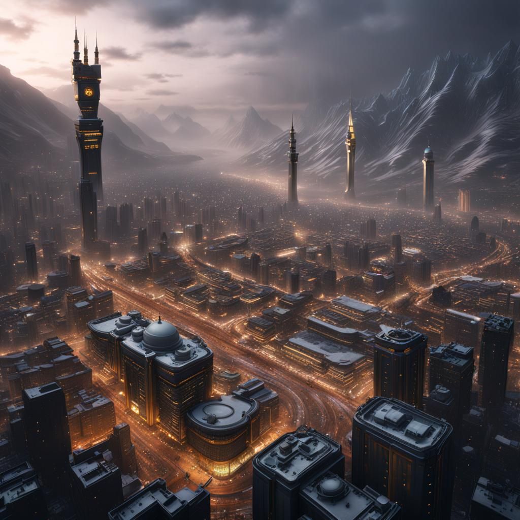 Futuristic Mecca City in Winter Rain