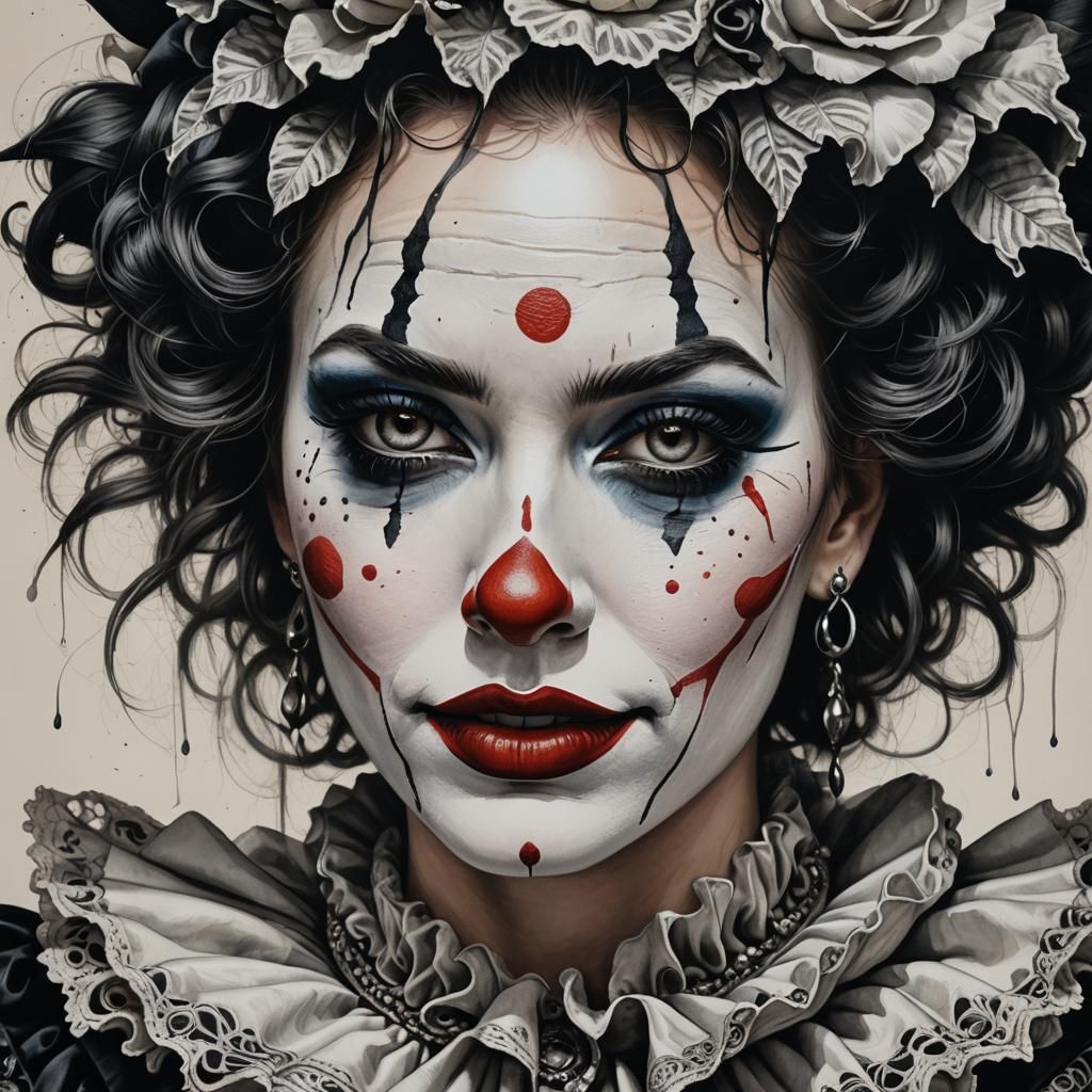 Realistic ink drawing of a beautiful woman with clown makeup, intricate details on her face and costume, by Alex Purdy a...