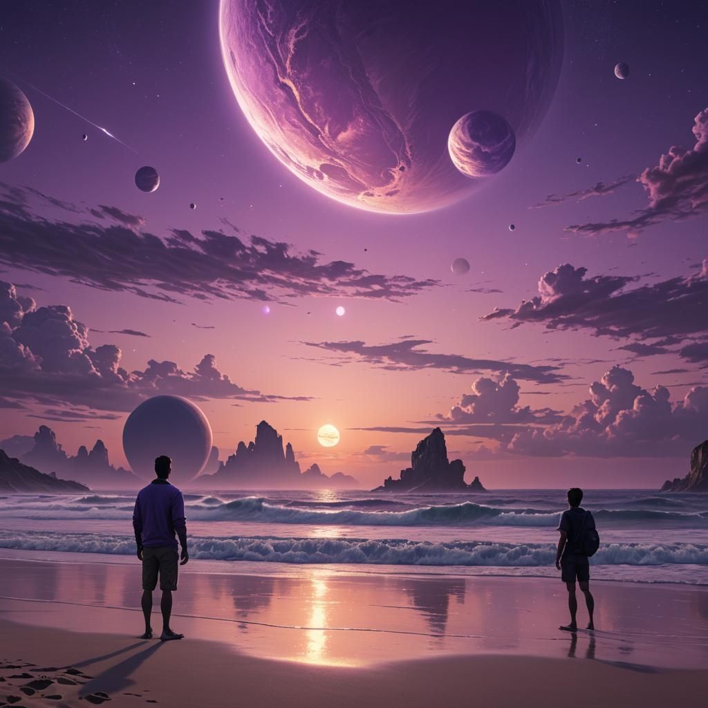 Epic Sunset Beach with Planet in Background