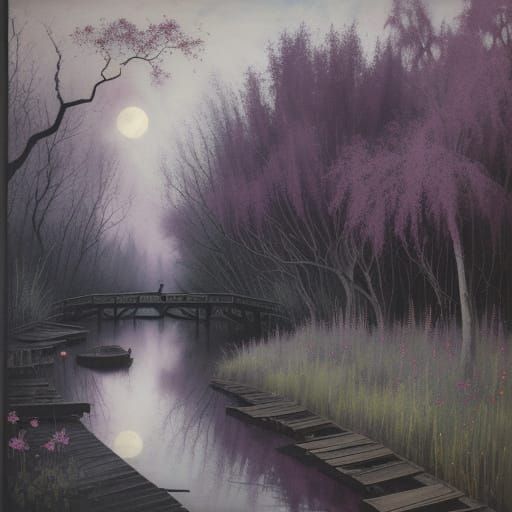 Magenta Eclipse Over Swamp in Watercolor Style