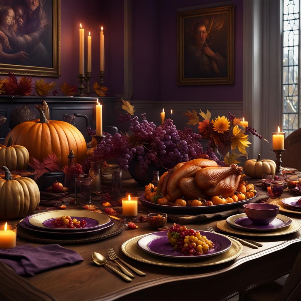 Detailed Thanksgiving Tablescape in Dark Fantasy Style