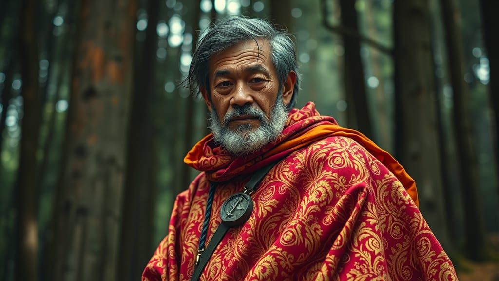 HEROIC LEADER, brocade TEXTURED cloak, forest, Alphonse Mucha, YAYOI KUSAMA, intricate details, vibrant colors. Negative...