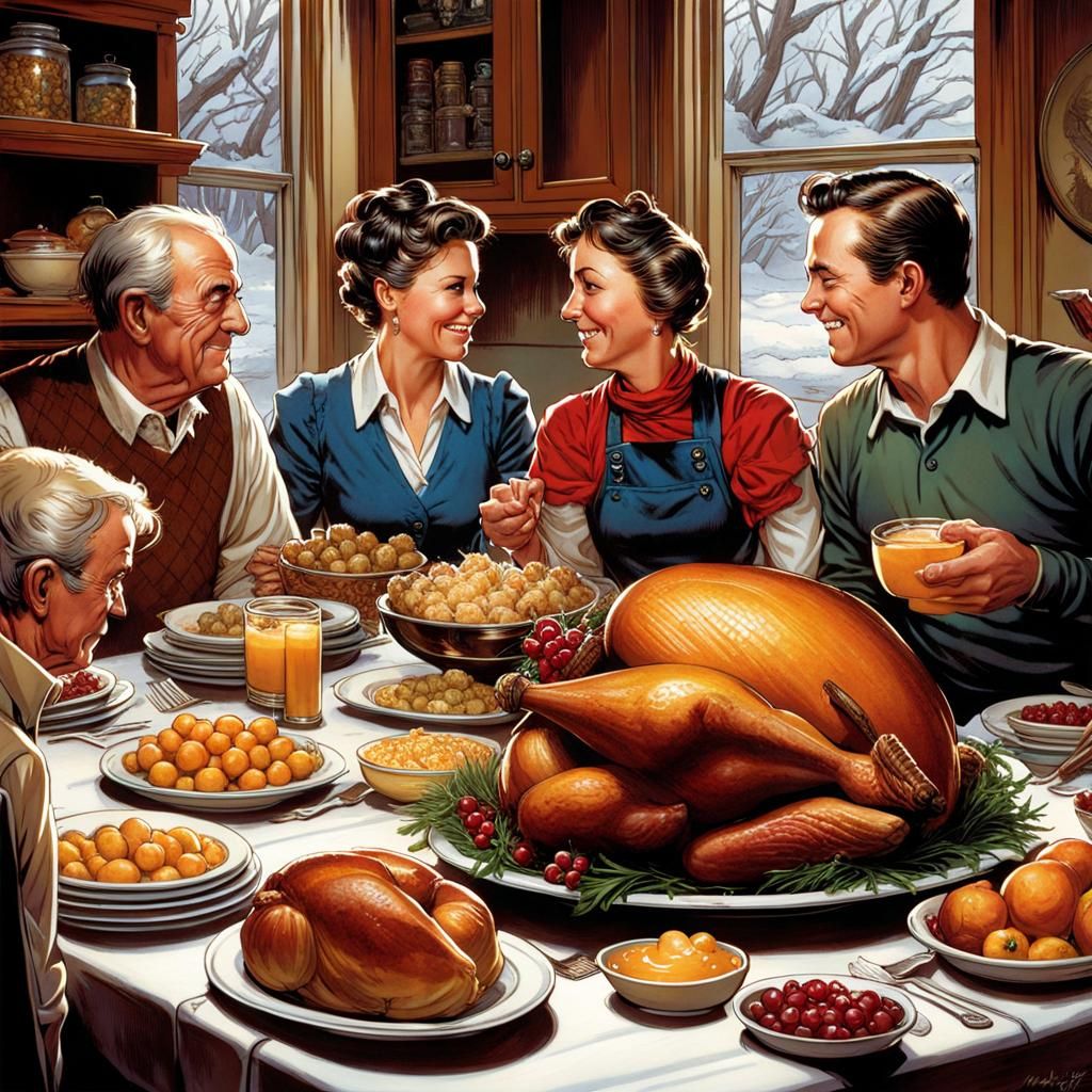 Thanksgiving Family Dinner in Comic Book Style