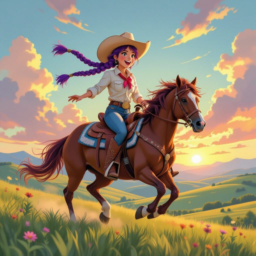 Cowgirl on Sunset Mustang in Whimsical Fantasy Style